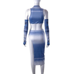 Contrast abstract print hollow out slit gloves midi dress