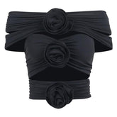Flower applique ruched solid hollow out off shoulder top
