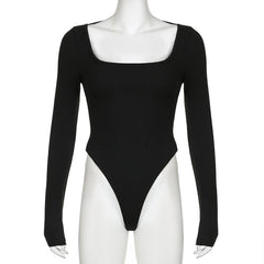 Square neck solid long sleeve backless cross back bodysuit