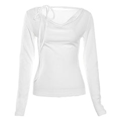 Ribbed cowl neck long sleeve solid self tie top