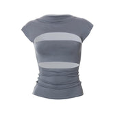 Cap sleeve solid crewneck hollow out top