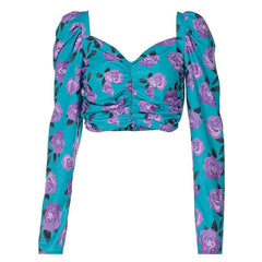 Ruched rose pattern print long sleeve puff sleeve square neck crop top