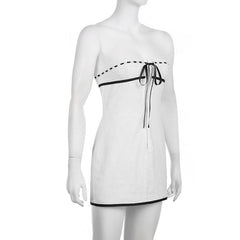 Textured contrast stitch self tie button backless tube mini dress