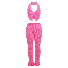 Textured striped contrast halter slit pocket v neck pant set