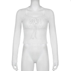 Lace hem square neck ruched long sleeve solid self tie top