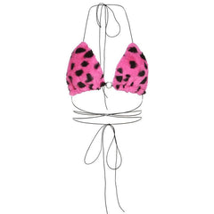 Furry leopard print self tie open back o ring bra top
