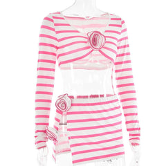 Striped flower applique long sleeve contrast slit mini skirt set