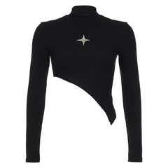 Star applique high neck long sleeve irregular ribbed crop top