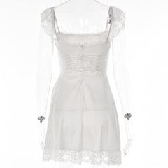 Lace hem solid cap sleeve zip-up ruched lace up mini dress