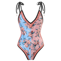Flower pattern contrast self tie v neck backless one piece swimwear