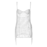 Tassels low cut see through lace solid backless cami mini dress
