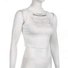 Metal chain high neck sleeveless butterfly pattern crop top - Final Sale