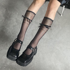 Lace hem bowknot flower pattern knee high socks