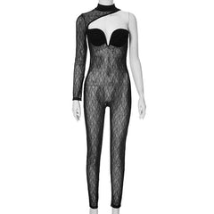 Long sleeve one shoulder lace see through solid high neck zip-up jumpsuit