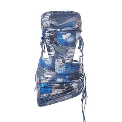 Denim print contrast drawstring self tie backless tube mini skirt set