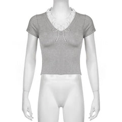 Knitted short sleeve lace hem contrast crop top - Final Sale