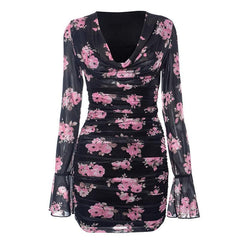 Long flared sleeve cowl neck ruffle flower print sheer mesh mini dress