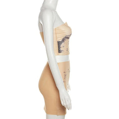 Tie dye contrast sheer mesh see through tube mini skirt set