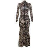 Leopard print contrast high neck long sleeve maxi dress