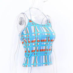 Plaid contrast halter self tie backless crop top