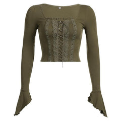 Lace up long flared sleeve ruched lace hem ruffle crop top