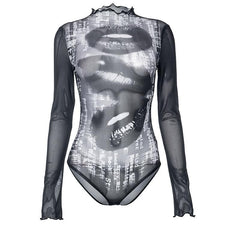 Lip prints sheer mesh see through ruffle high neck bodysuit