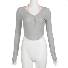 Button patchwork solid long sleeve ribbed contrast crop top