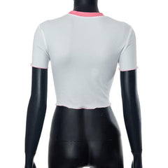 Comic pattern contrast short sleeve ruffle crewneck crop top