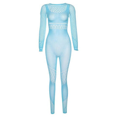 Fishnet long sleeve solid round neck hollow out jumpsuit