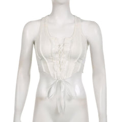 Stitch patchwork lace up sleeveless solid crop top