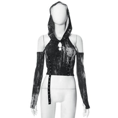 Tie dye hoodie off shoulder long sleeve irregular crop top