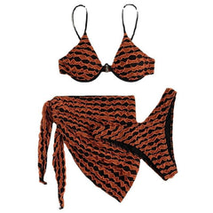 Textured contrast button irregular 3 piece swimwear