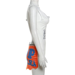 Letter print contrast cowl neck sleeveless metal chain mini dress