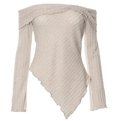 Textured irregular ruffle off shoulder long sleeve top