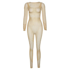 Fishnet long sleeve solid round neck hollow out jumpsuit