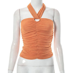 Halter ruched backless mesh solid hollow out top