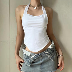 Halter backless solid self tie top