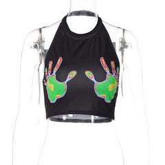 Sleeveless halter palm pattern backless crop top