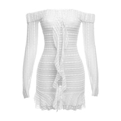 Lace see through off shoulder ruffle long sleeve solid mini dress