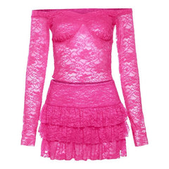 Lace off shoulder ruffle long sleeve solid mini skirt set