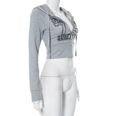 Hoodie zip-up "75" pattern contrast long sleeve crop top