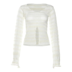 Knitted long sleeve slit v neck see through crop top