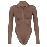 Turnover collar long sleeve button ruched solid v neck bodysuit - Final Sale