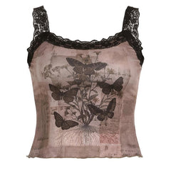 Butterfly pattern lace hem backless contrast top