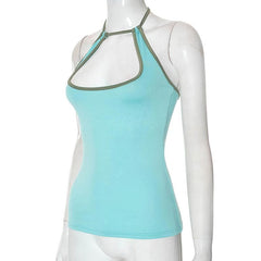 Halter contrast hollow out self tie backless top