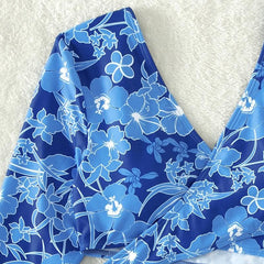 Flower pattern long sleeve contrast v neck bikini swimwear