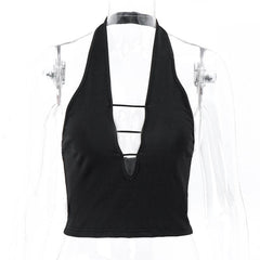Halter irregular v neck backless solid crop top