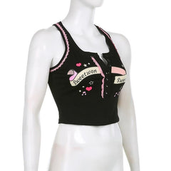 Button "sweetwon" pattern sleeveless lace hem contrast crop top - Final Sale