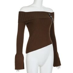 Knitted long flared sleeve buckle off shoulder slit top