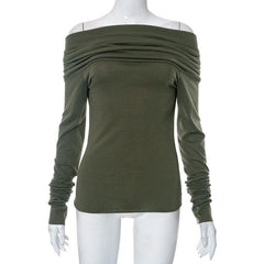 Ruched off shoulder solid long sleeve backless top